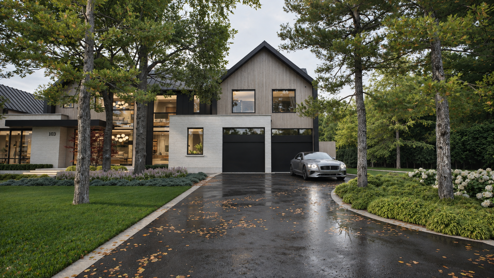 Rendering of a contemporary residence within a wooded landscape